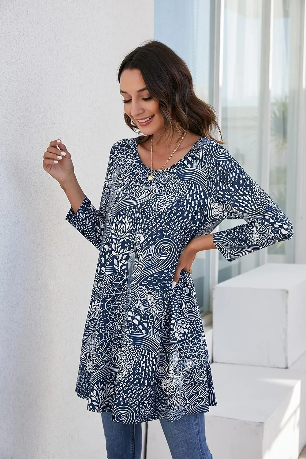 ENMAIN Women's Tops 3/4 Sleeve Dressy Casual Plus Size Tunic Tops to Wear with Leggings Swing Flare T-Shirt Loose Fit Blouses