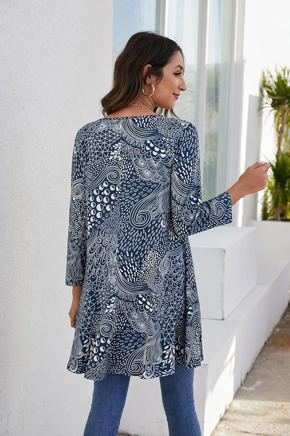 ENMAIN Women's Tops 3/4 Sleeve Dressy Casual Plus Size Tunic Tops to Wear with Leggings Swing Flare T-Shirt Loose Fit Blouses