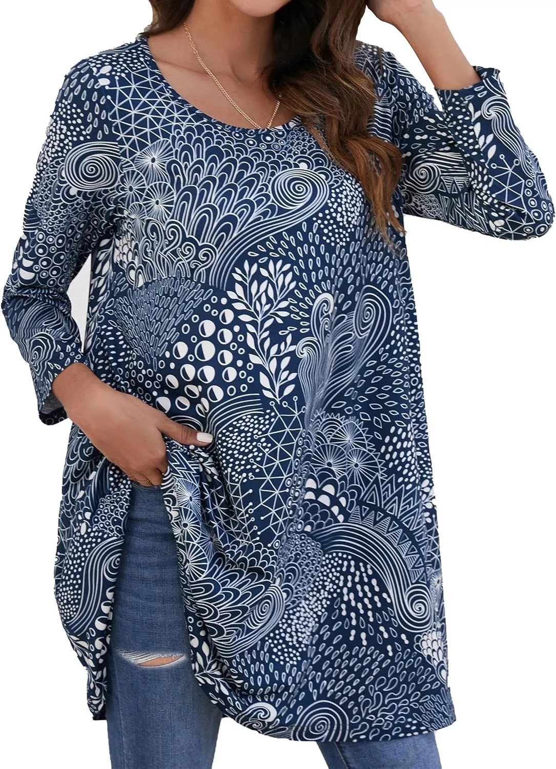 ENMAIN Women's Tops 3/4 Sleeve Dressy Casual Plus Size Tunic Tops to Wear with Leggings Swing Flare T-Shirt Loose Fit Blouses