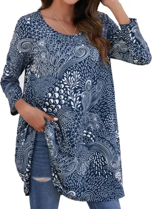 ENMAIN Women's Tops 3/4 Sleeve Dressy Casual Plus Size Tunic Tops to Wear with Leggings Swing Flare T-Shirt Loose Fit Blouses