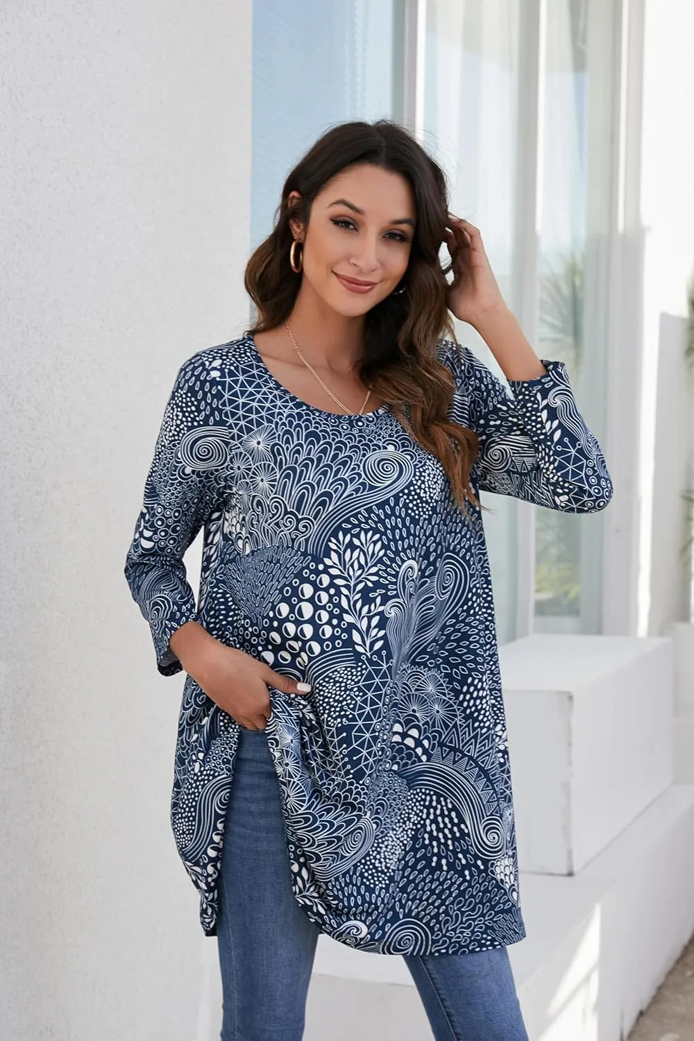 ENMAIN Women's Tops 3/4 Sleeve Dressy Casual Plus Size Tunic Tops to Wear with Leggings Swing Flare T-Shirt Loose Fit Blouses
