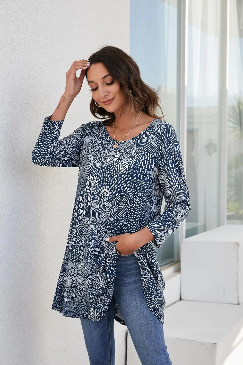 ENMAIN Women's Tops 3/4 Sleeve Dressy Casual Plus Size Tunic Tops to Wear with Leggings Swing Flare T-Shirt Loose Fit Blouses