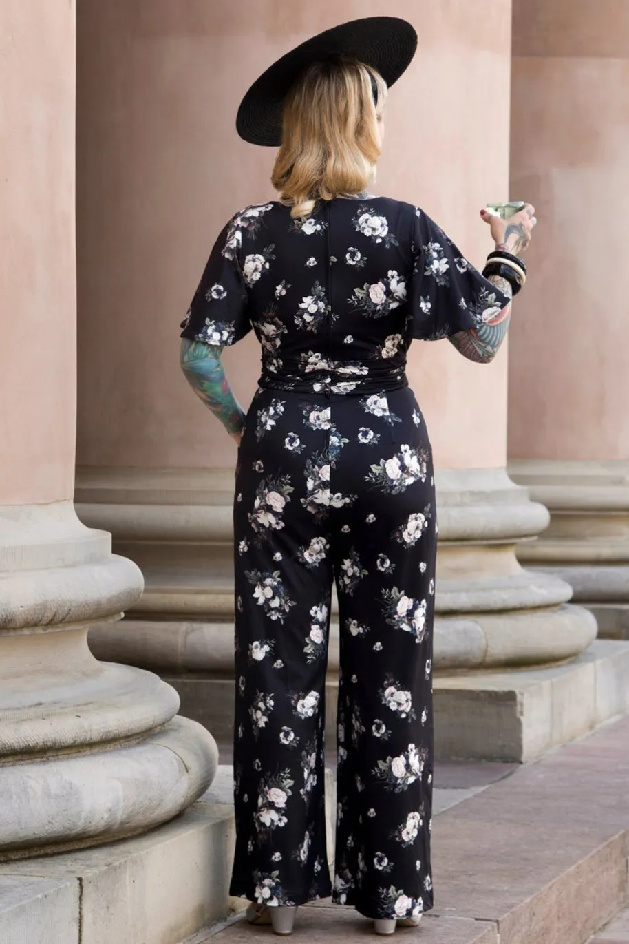 Esther Black Rose Butterfly Sleeved Jumpsuit