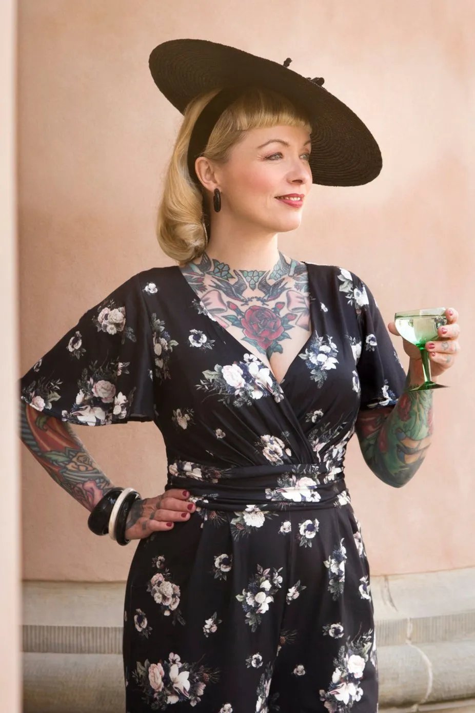 Esther Black Rose Butterfly Sleeved Jumpsuit