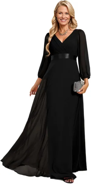 Ever-Pretty Women's Chiffon A-Line Floor Length V Neck Long Sleeves Pleated Maxi Formal Dress 03890