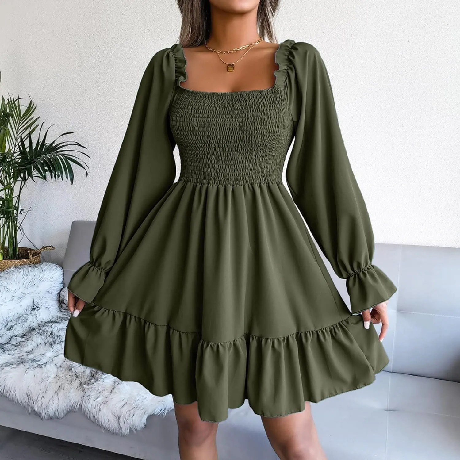 Fall Dresses for Women 2022 Square Neck Long Ruffle Sleeve V Neck Elastic Waist Short Skater Casual Mini Dresses