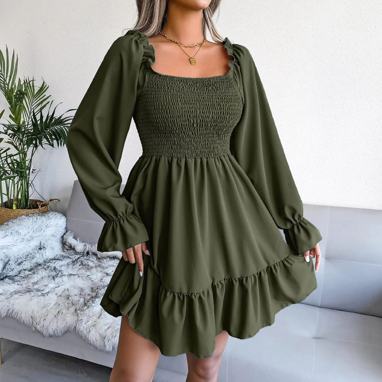 Fall Dresses for Women 2022 Square Neck Long Ruffle Sleeve V Neck Elastic Waist Short Skater Casual Mini Dresses