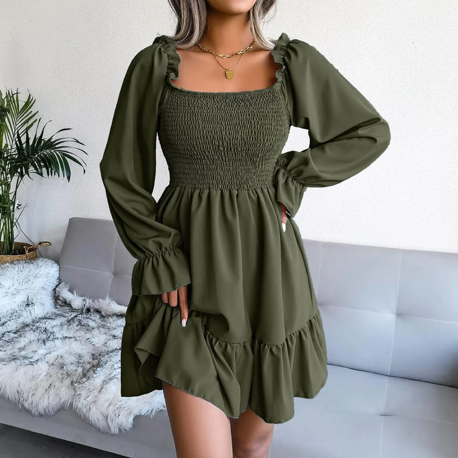Fall Dresses for Women 2022 Square Neck Long Ruffle Sleeve V Neck Elastic Waist Short Skater Casual Mini Dresses