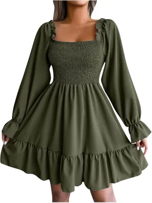 Fall Dresses for Women 2022 Square Neck Long Ruffle Sleeve V Neck Elastic Waist Short Skater Casual Mini Dresses