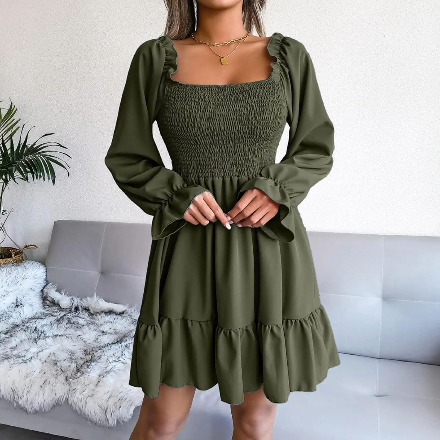 Fall Dresses for Women 2022 Square Neck Long Ruffle Sleeve V Neck Elastic Waist Short Skater Casual Mini Dresses