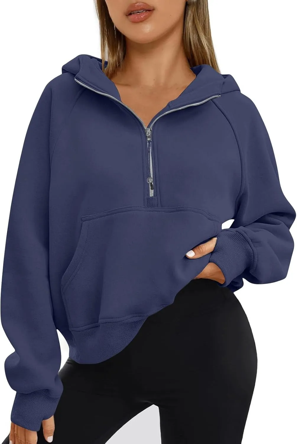 fanmpghleoo Oversized Hoodies for Women Half Zip Mock Neck Fleece Hooded Sweatshirt Loose Fit Thumb Hole Pullover Hoodie