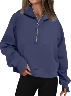 fanmpghleoo Oversized Hoodies for Women Half Zip Mock Neck Fleece Hooded Sweatshirt Loose Fit Thumb Hole Pullover Hoodie