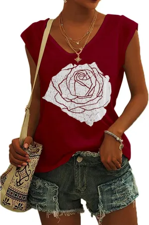 Fazortev Womens Cap Sleeve Blouses Rose Graphic Tees T-Shirt Casual V Neck Tank Tops Loose Fit Summer Basic Shirts