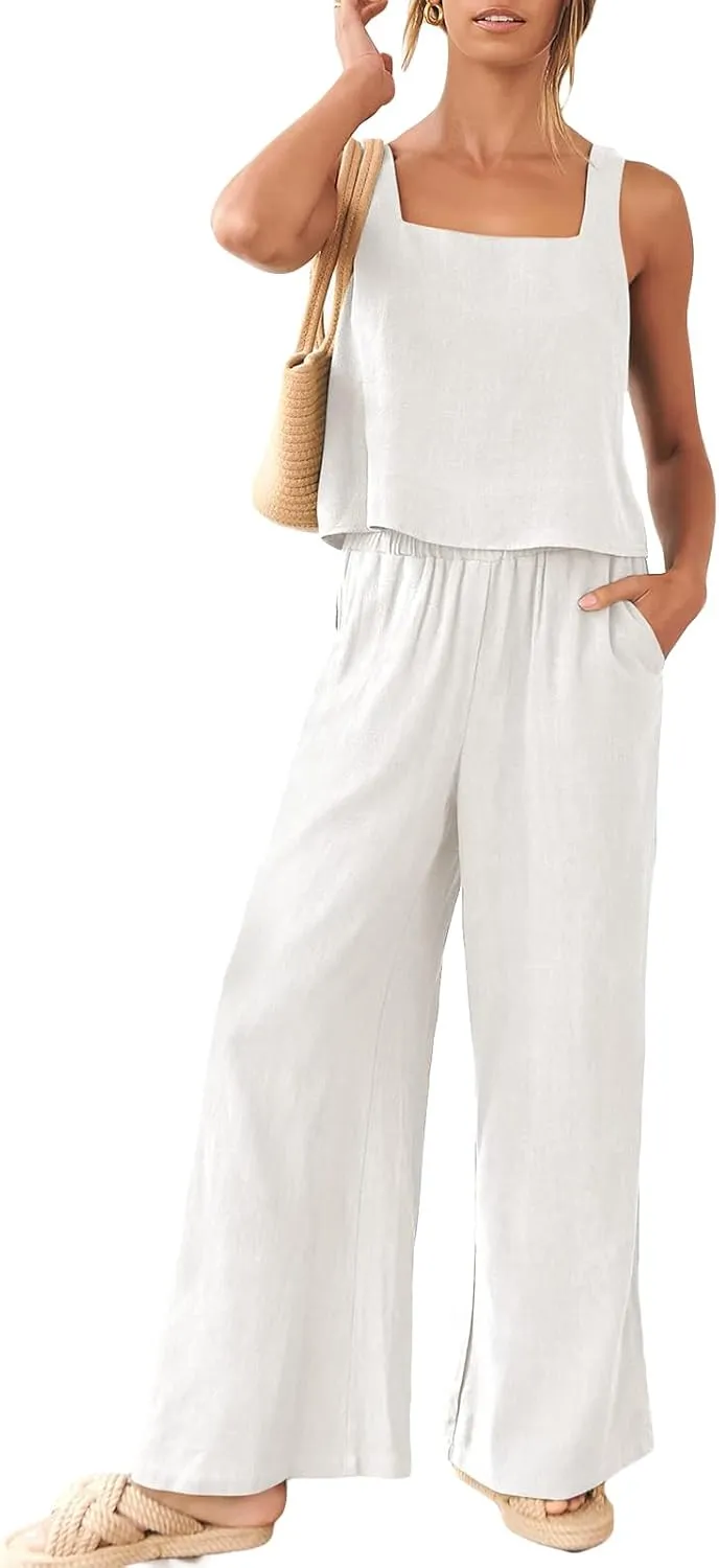 FEORJGP Womens Summer Two Piece Linen Pants Set Outfit 2 Piece Tank Tops with High Waist Trousers 2Pcs Clothes Set Loungewear
