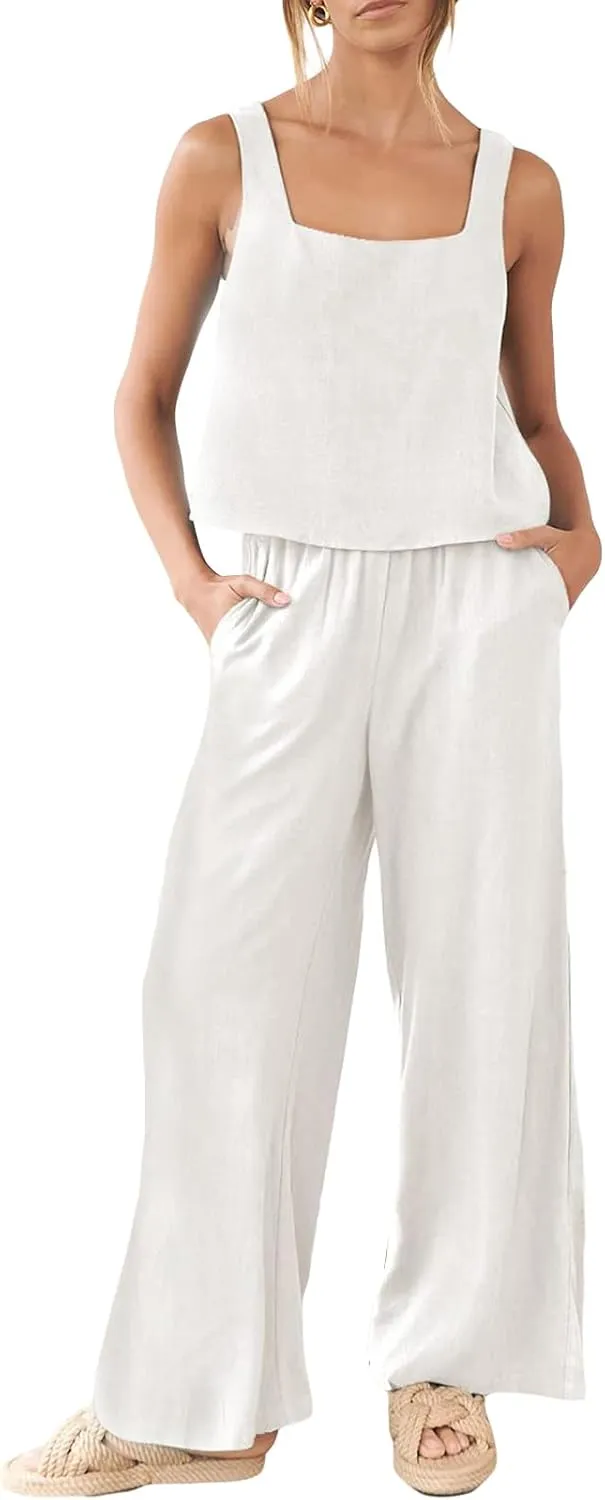 FEORJGP Womens Summer Two Piece Linen Pants Set Outfit 2 Piece Tank Tops with High Waist Trousers 2Pcs Clothes Set Loungewear