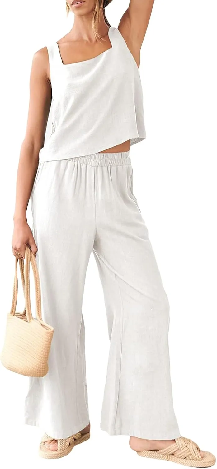 FEORJGP Womens Summer Two Piece Linen Pants Set Outfit 2 Piece Tank Tops with High Waist Trousers 2Pcs Clothes Set Loungewear