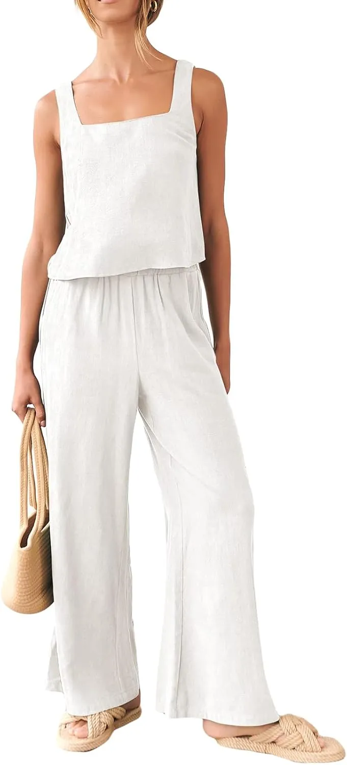 FEORJGP Womens Summer Two Piece Linen Pants Set Outfit 2 Piece Tank Tops with High Waist Trousers 2Pcs Clothes Set Loungewear