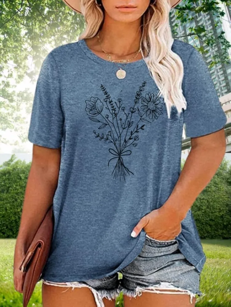 Floral Shirts for Women Boho Wildflower Graphic Workout T Shirts Summer Short Sleeve Nature Tee Tops