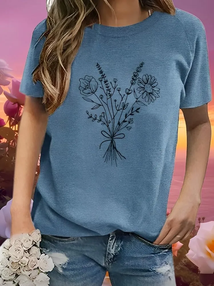 Floral Shirts for Women Boho Wildflower Graphic Workout T Shirts Summer Short Sleeve Nature Tee Tops