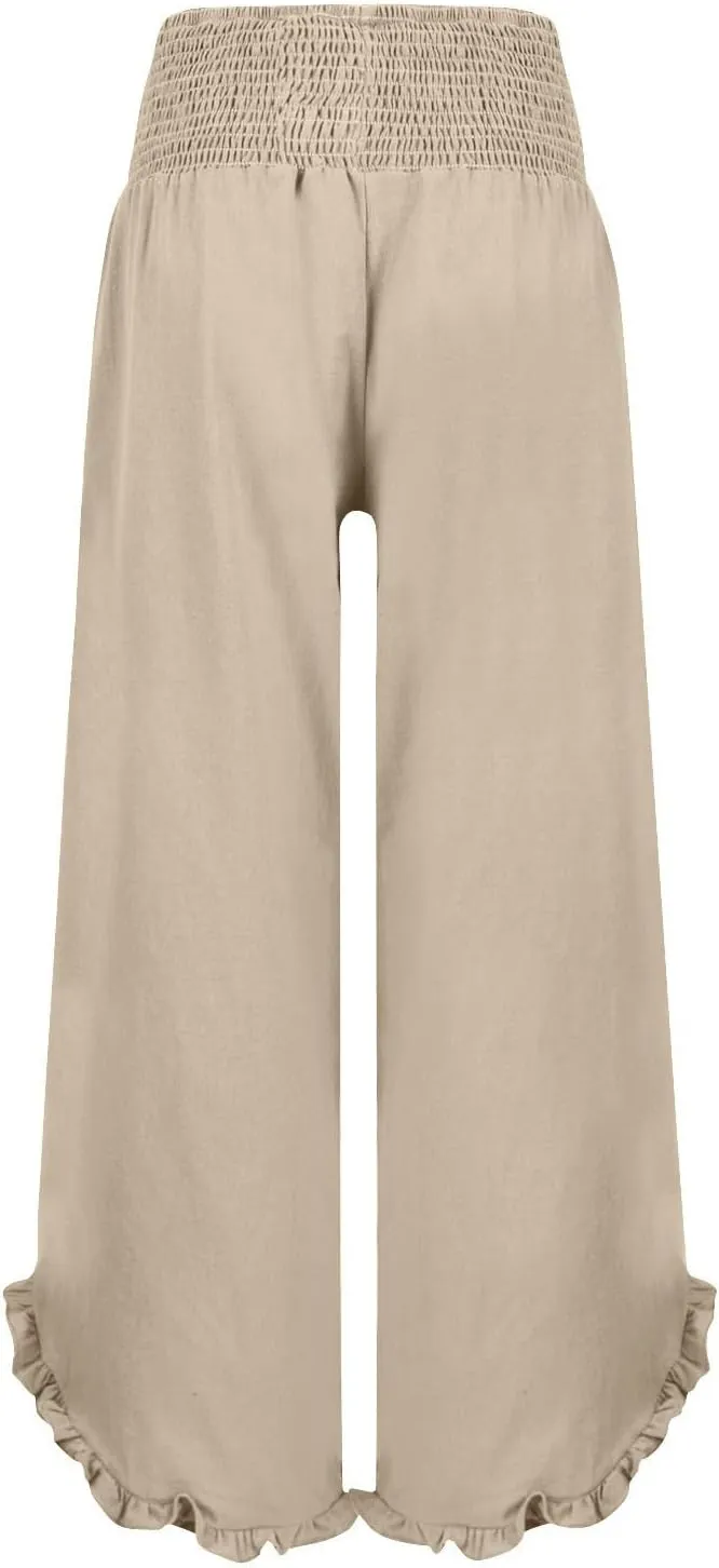 Flowy Palazzo Pants for Women Summer Casual Elastic High Waisted Linen Pants Lightweight Ruffle Hem Beach Pant