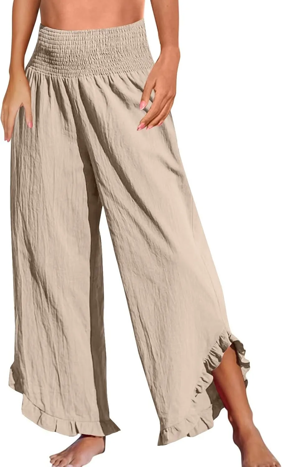 Flowy Palazzo Pants for Women Summer Casual Elastic High Waisted Linen Pants Lightweight Ruffle Hem Beach Pant