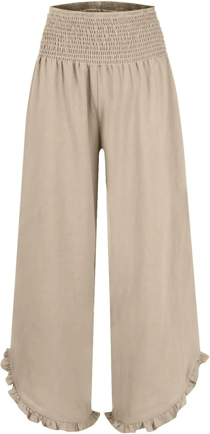 Flowy Palazzo Pants for Women Summer Casual Elastic High Waisted Linen Pants Lightweight Ruffle Hem Beach Pant