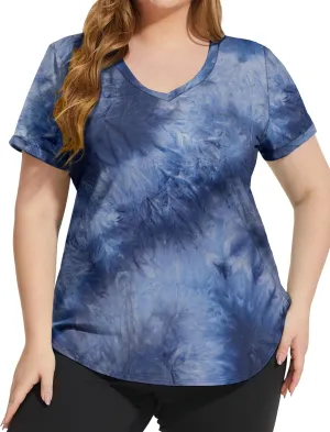 FOREYOND Plus Size Workout Tops for Women Short Sleeves V Neck Yoga Shirts Loose Fit Athletic Gym Running Clothes Summer