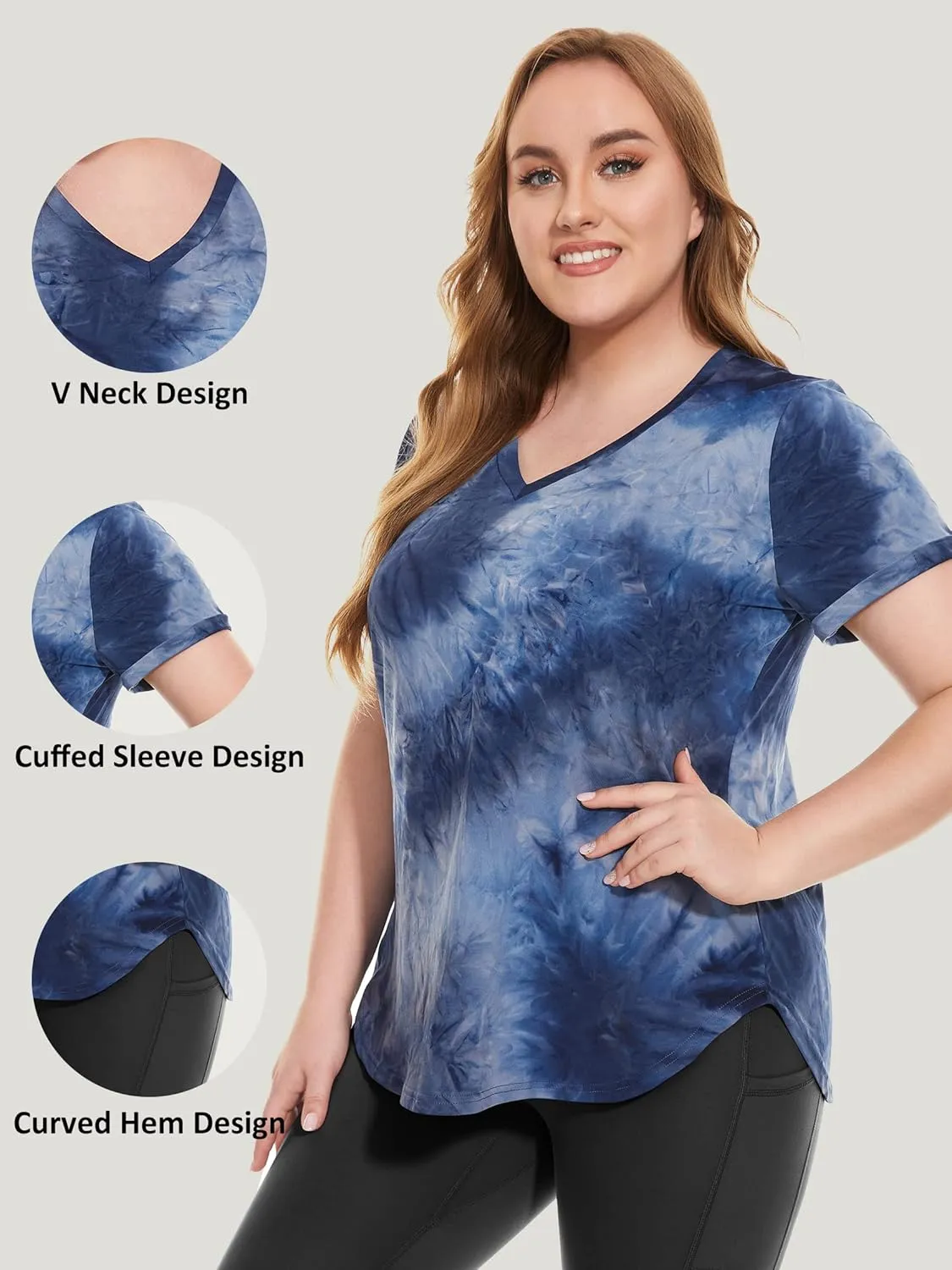 FOREYOND Plus Size Workout Tops for Women Short Sleeves V Neck Yoga Shirts Loose Fit Athletic Gym Running Clothes Summer