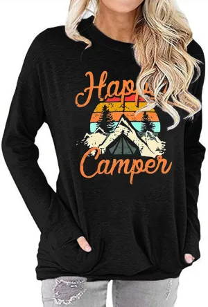 Fuyxxmer Happy Camper Sweatshirt Women Vintage Mountain Graphic Tee Long Sleeve Pullover Blouses Top Shirts with Pockets