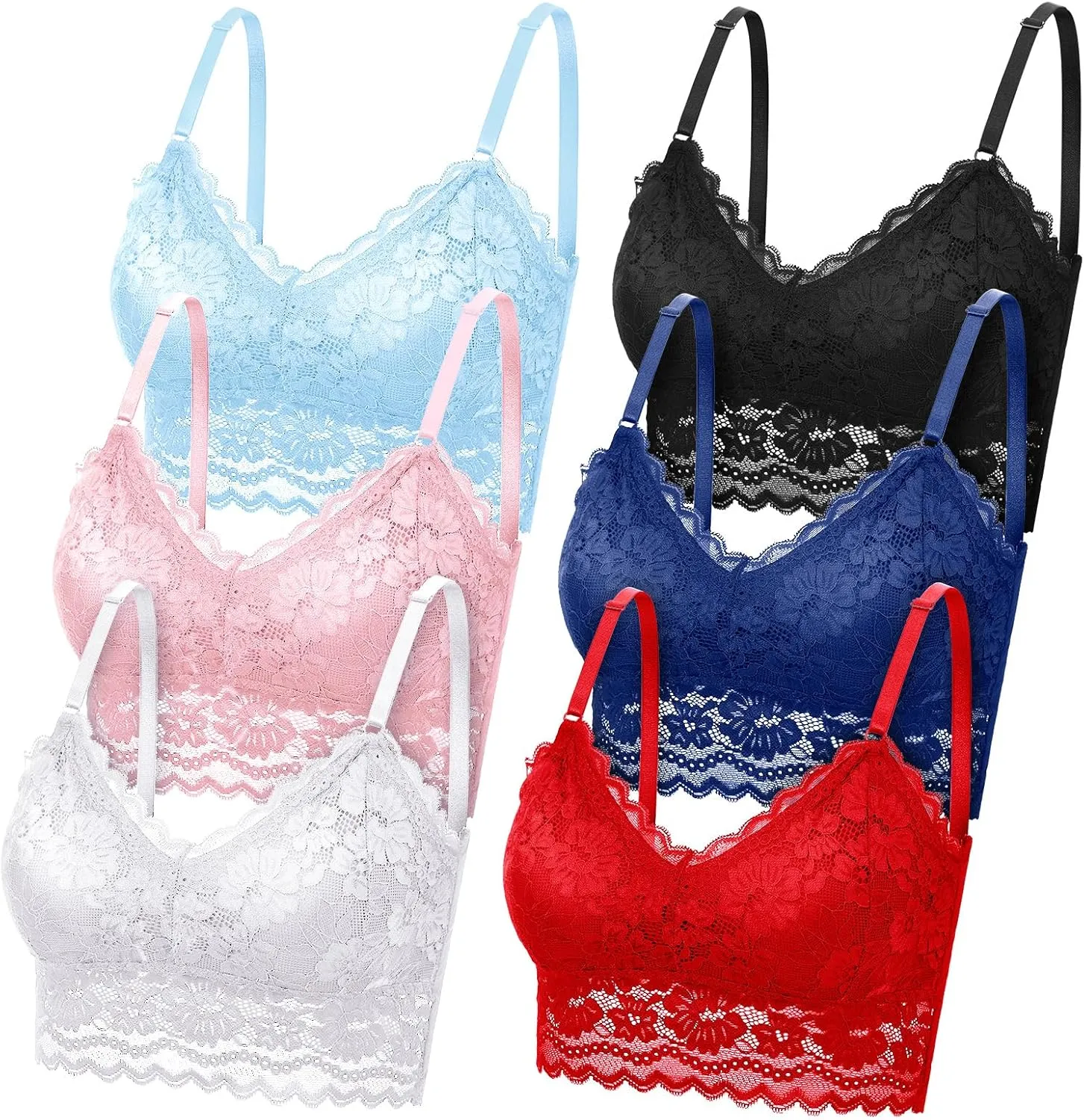 Geyoga 6 Pack Women's Lace Cami Top, Wireless Bralette Floral Non Padded Bandeau Bras with Straps