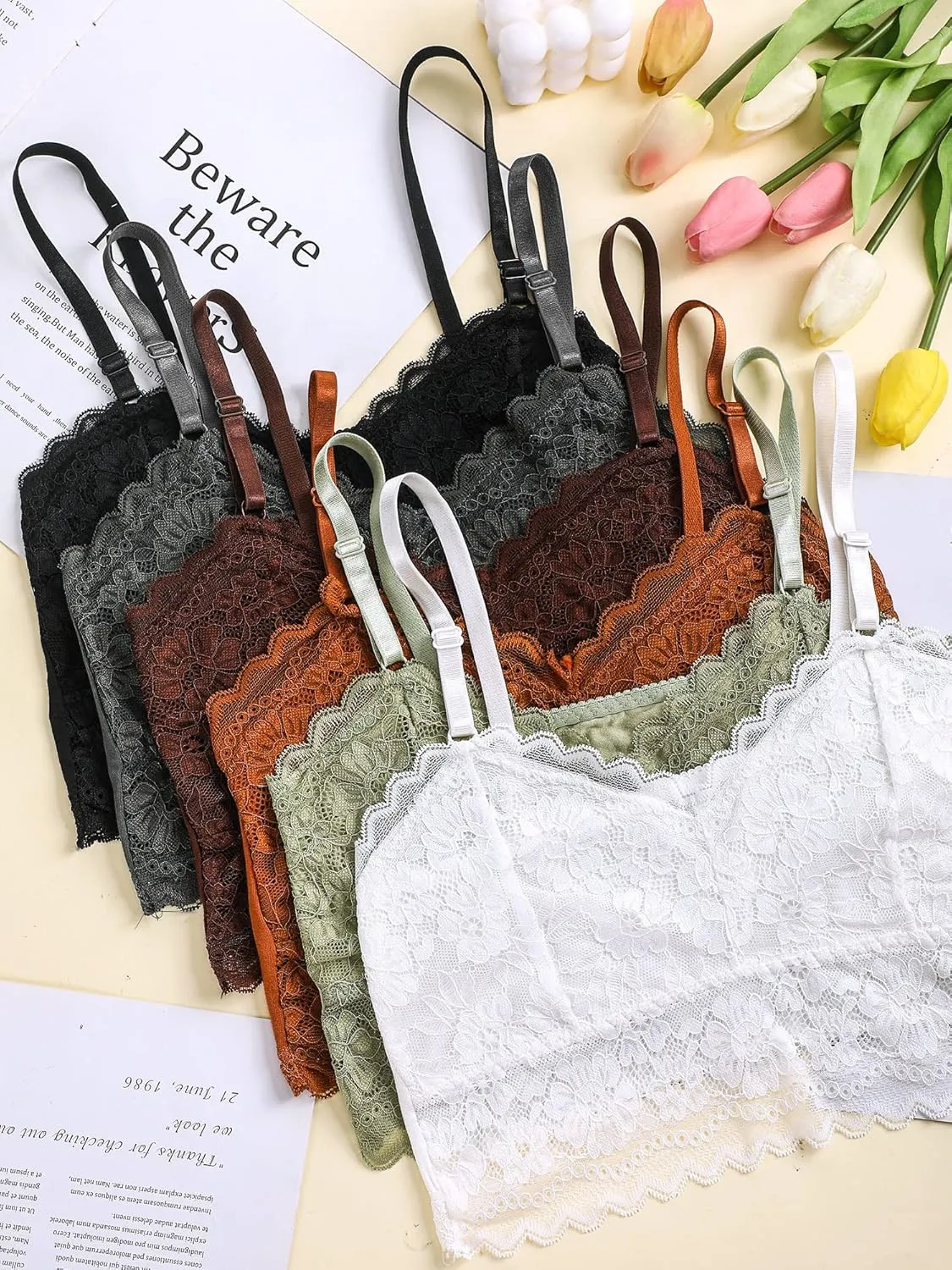 Geyoga 6 Pack Women's Lace Cami Top, Wireless Bralette Floral Non Padded Bandeau Bras with Straps