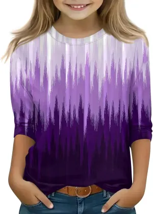 Girls Long Sleeve Shirts Printed Crew Neck Pullover Tops 3/4 Sleeve Lightweight Blouses Fall Winter Sweatshirts
