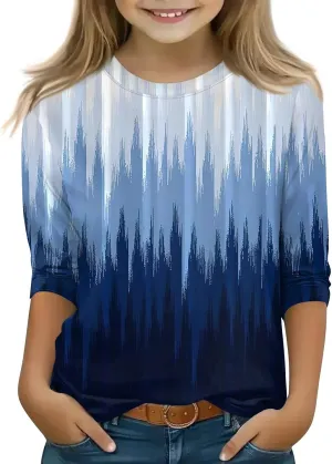Girls Long Sleeve Shirts Printed Crew Neck Pullover Tops 3/4 Sleeve Lightweight Blouses Fall Winter Sweatshirts