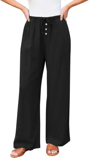 GRAPENT Linen Wide Leg Pants Woman High Waisted Pull On Button Drawstring Baggy Casual Summer Palazzo Pants with Pockets
