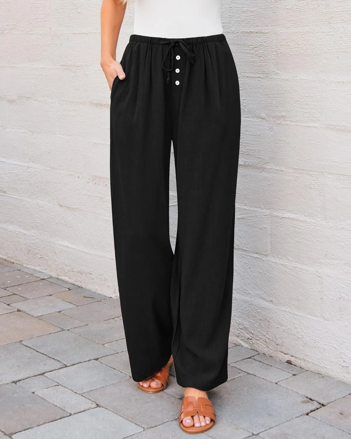 GRAPENT Linen Wide Leg Pants Woman High Waisted Pull On Button Drawstring Baggy Casual Summer Palazzo Pants with Pockets