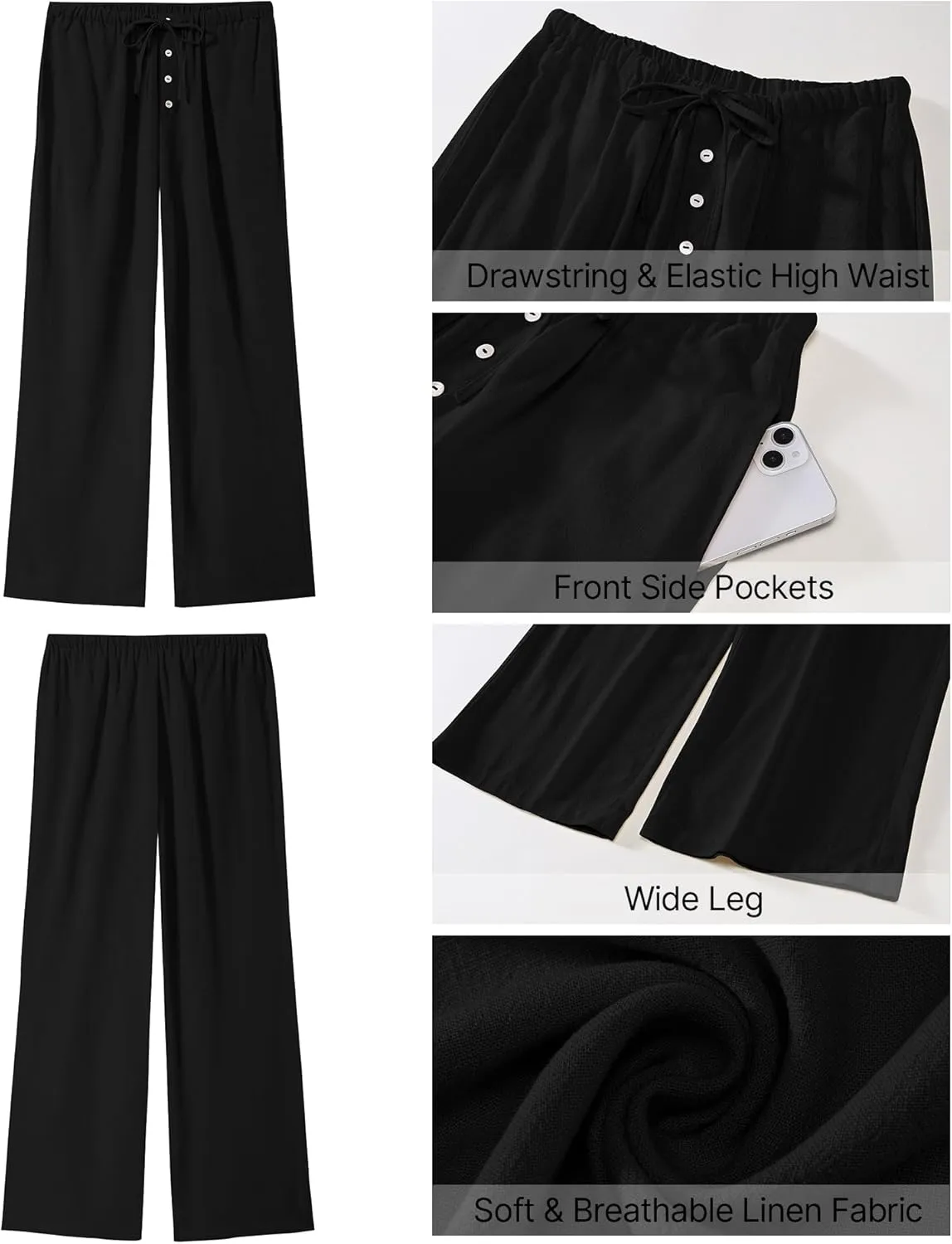 GRAPENT Linen Wide Leg Pants Woman High Waisted Pull On Button Drawstring Baggy Casual Summer Palazzo Pants with Pockets