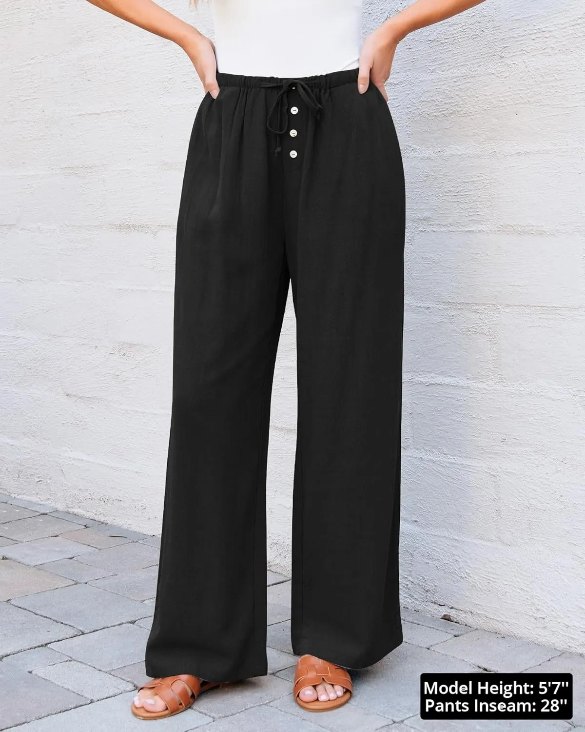 GRAPENT Linen Wide Leg Pants Woman High Waisted Pull On Button Drawstring Baggy Casual Summer Palazzo Pants with Pockets