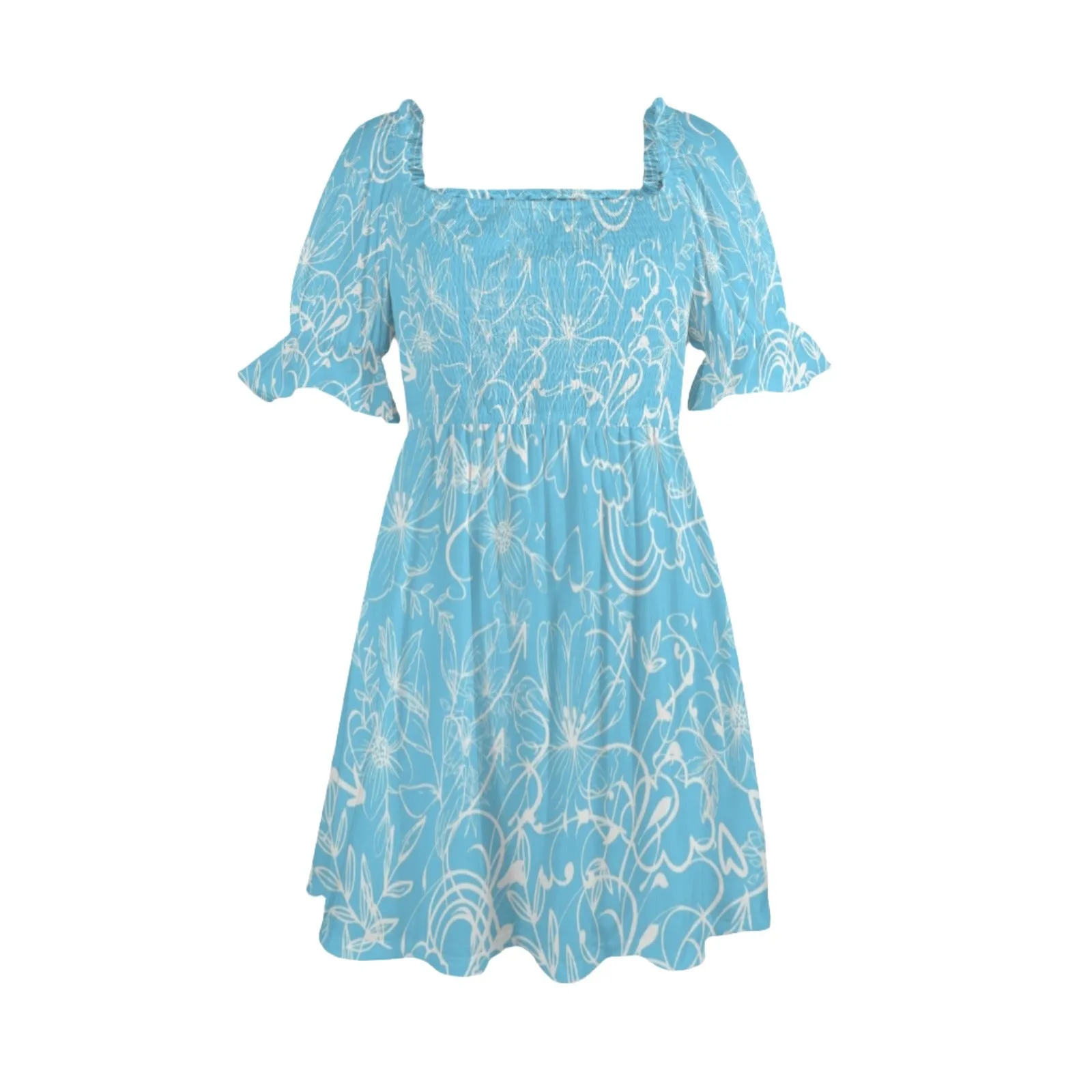 Graphic White on Blue Ruffles Square Neck Dress up to 5 XL (FWS)