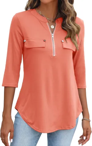 Halife Women's 3/4 Length Sleeve V Neck Flowy Tunic Blouses Work Tops Shirts with Zippers