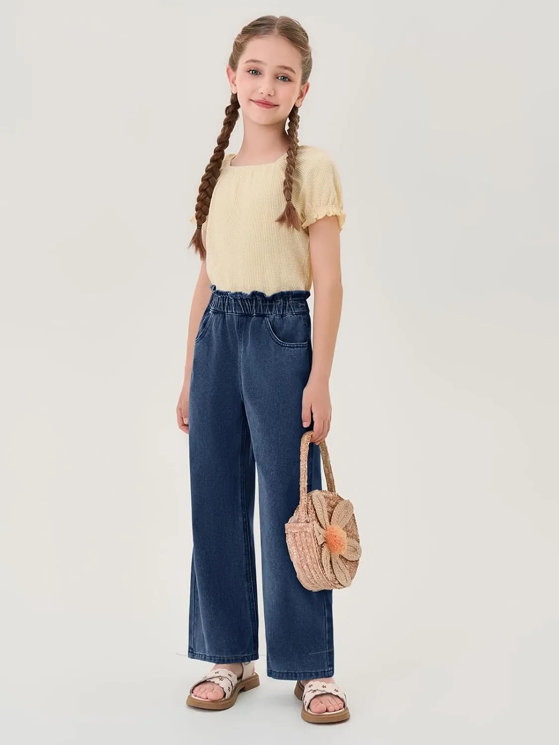 Haloumoning Girls Cute Wide Leg Flared Jeans Kids Oversized Elastic Waist Paper Bag Pants with Pockets 5-14 Years
