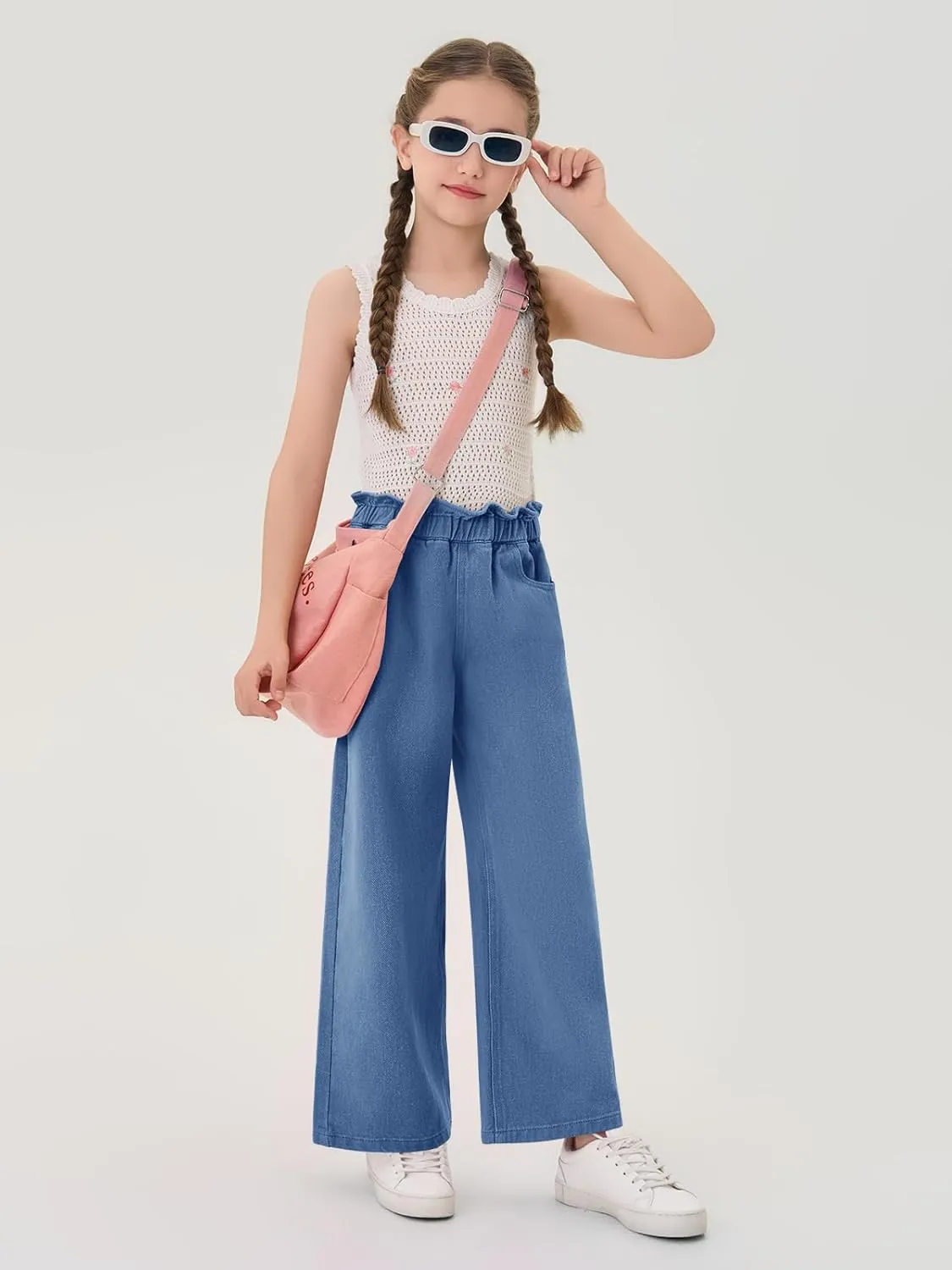 Haloumoning Girls Cute Wide Leg Flared Jeans Kids Oversized Elastic Waist Paper Bag Pants with Pockets 5-14 Years