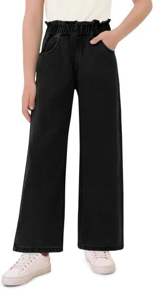 Haloumoning Girls Cute Wide Leg Flared Jeans Kids Oversized Elastic Waist Paper Bag Pants with Pockets 5-14 Years