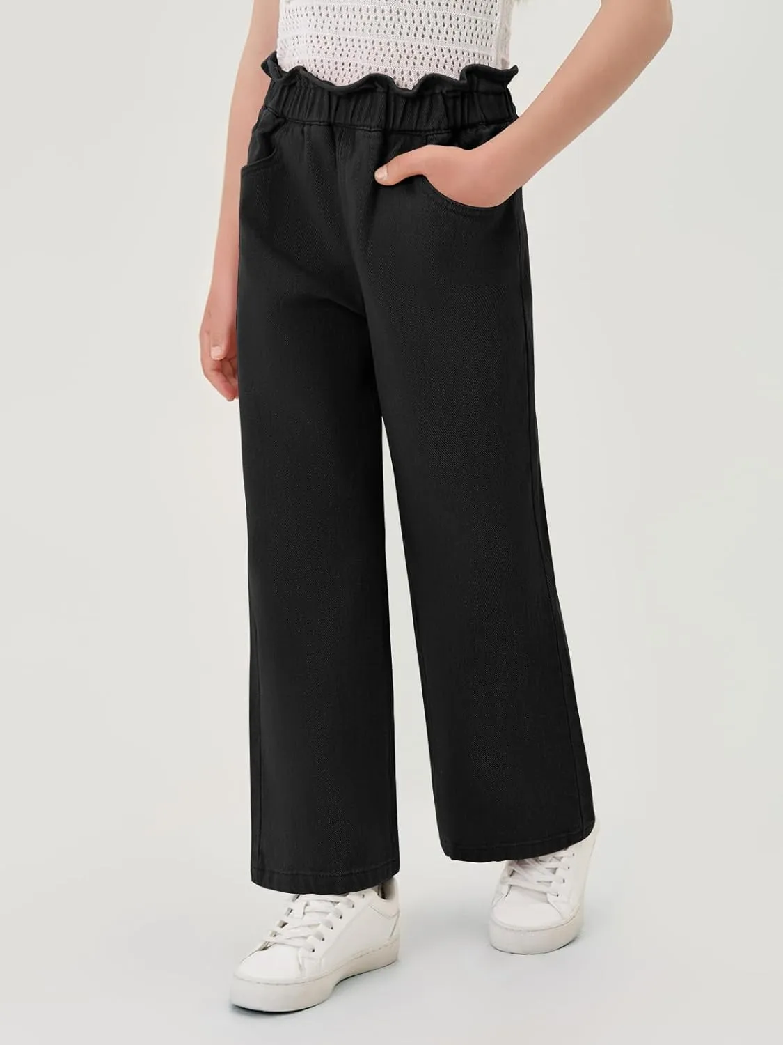 Haloumoning Girls Cute Wide Leg Flared Jeans Kids Oversized Elastic Waist Paper Bag Pants with Pockets 5-14 Years