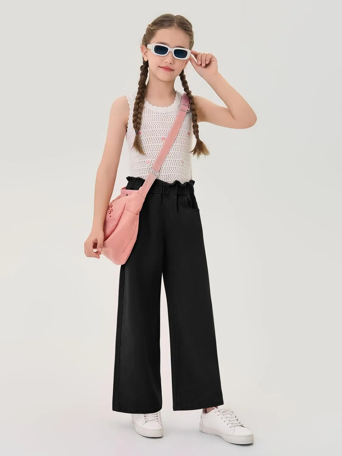 Haloumoning Girls Cute Wide Leg Flared Jeans Kids Oversized Elastic Waist Paper Bag Pants with Pockets 5-14 Years