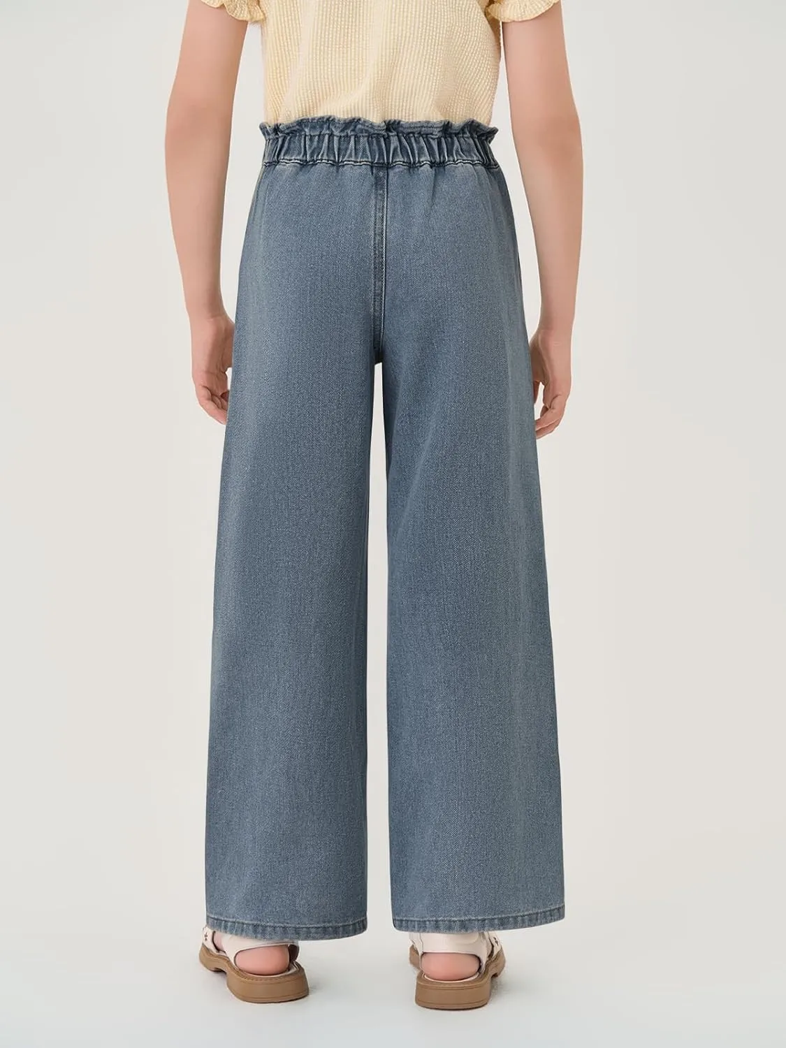 Haloumoning Girls Cute Wide Leg Flared Jeans Kids Oversized Elastic Waist Paper Bag Pants with Pockets 5-14 Years