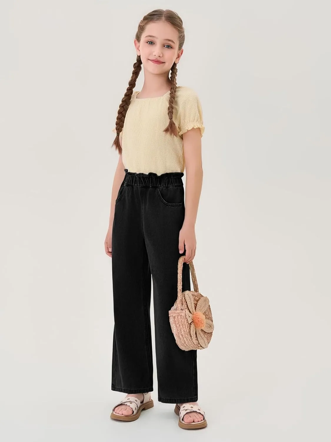 Haloumoning Girls Cute Wide Leg Flared Jeans Kids Oversized Elastic Waist Paper Bag Pants with Pockets 5-14 Years