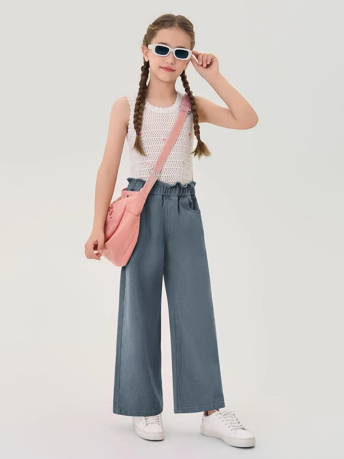 Haloumoning Girls Cute Wide Leg Flared Jeans Kids Oversized Elastic Waist Paper Bag Pants with Pockets 5-14 Years