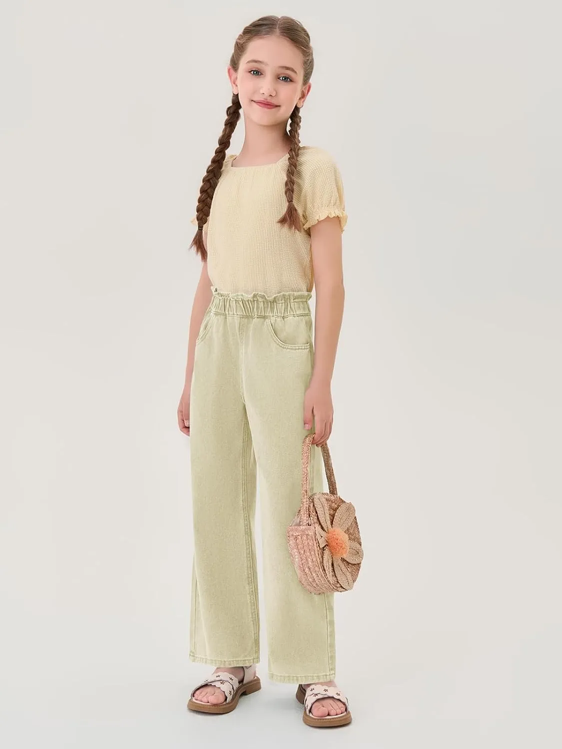 Haloumoning Girls Cute Wide Leg Flared Jeans Kids Oversized Elastic Waist Paper Bag Pants with Pockets 5-14 Years