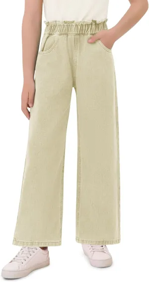 Haloumoning Girls Cute Wide Leg Flared Jeans Kids Oversized Elastic Waist Paper Bag Pants with Pockets 5-14 Years