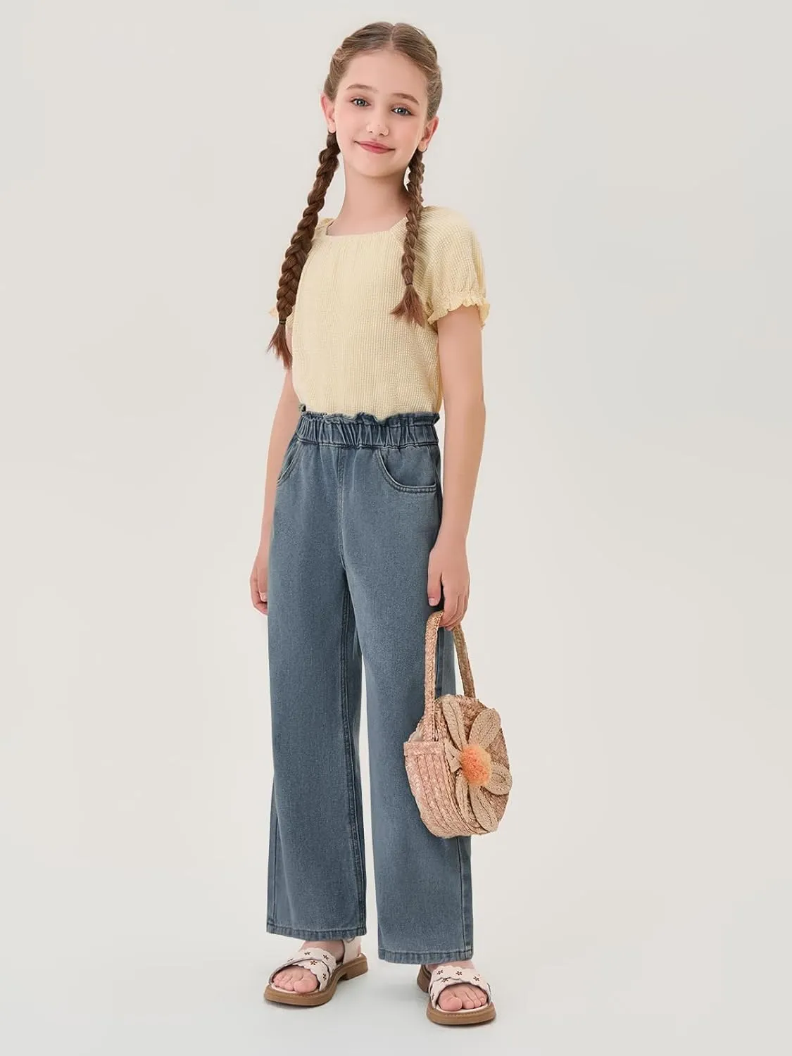 Haloumoning Girls Cute Wide Leg Flared Jeans Kids Oversized Elastic Waist Paper Bag Pants with Pockets 5-14 Years